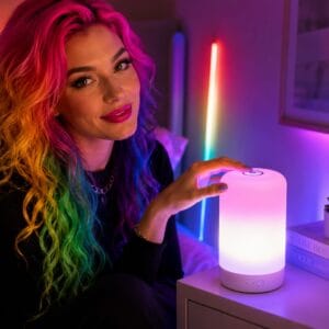 Sleek white touch bedside table lamp glowing with warm white light on a nightstand, set to RGB color mode