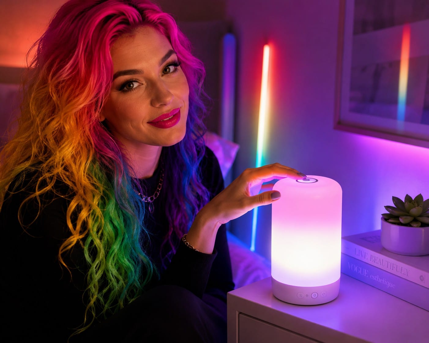Touch Bedside Table Lamp with RGB Mode and Dimmable Warm White Light Sleek white touch bedside table lamp glowing with warm white light on a nightstand, set to RGB color mode