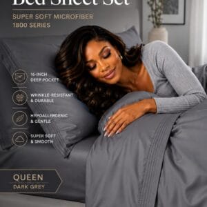 SONORO KATE 4-piece queen bed sheet set in dark grey 1800 Series microfiber with 16-inch deep pocket fitted sheet, flat sheet, and two pillowcases