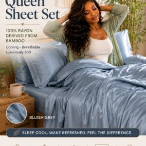 Love's Cabin 4-piece queen sheet set in bluish grey 100% rayon from bamboo with 16-inch deep pocket fitted sheet, flat sheet, and two pillowcases