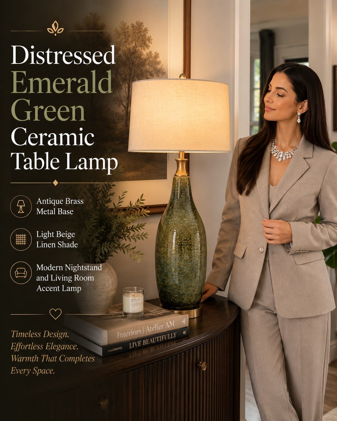 Distressed Emerald Green Ceramic Table Lamp with Antique Brass Base Distressed emerald green ceramic table lamp with antique brass metal base and light beige linen drum shade styled on a modern nightstand