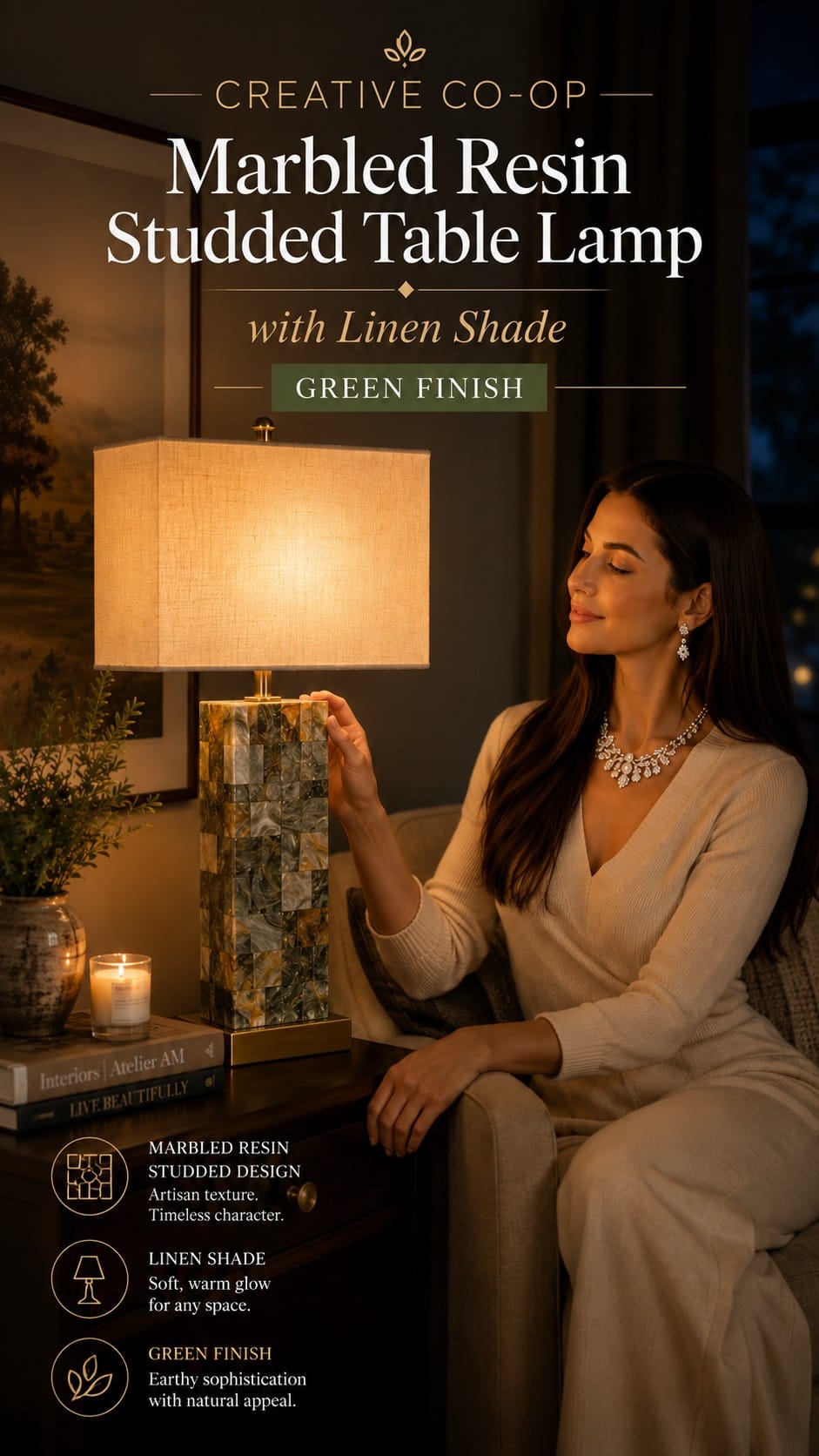Creative Co-Op Marbled Resin Studded Table Lamp in Green Creative Co-Op marbled green resin studded table lamp with natural linen drum shade styled on a modern console table
