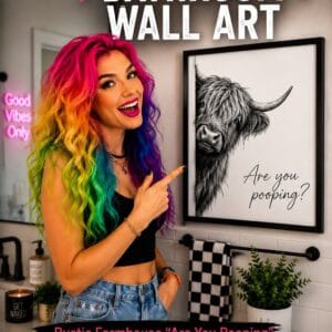 Funny Highland cow bathroom canvas print with "Are You Pooping" text in a black 8 by 10 inch frame, rustic farmhouse restroom wall decor