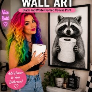 Funny raccoon bathroom wall art with black and white framed canvas print of a raccoon holding toilet paper for humorous restroom decor