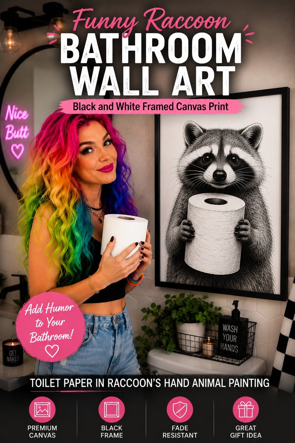 Funny Raccoon Bathroom Wall Art, Framed Canvas Funny raccoon bathroom wall art with black and white framed canvas print of a raccoon holding toilet paper for humorous restroom decor