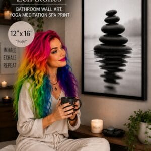 DCMVJHZV framed black and white Zen stones bathroom wall art with stacked stones in still water for yoga and meditation spa decor, 12 by 16 inches