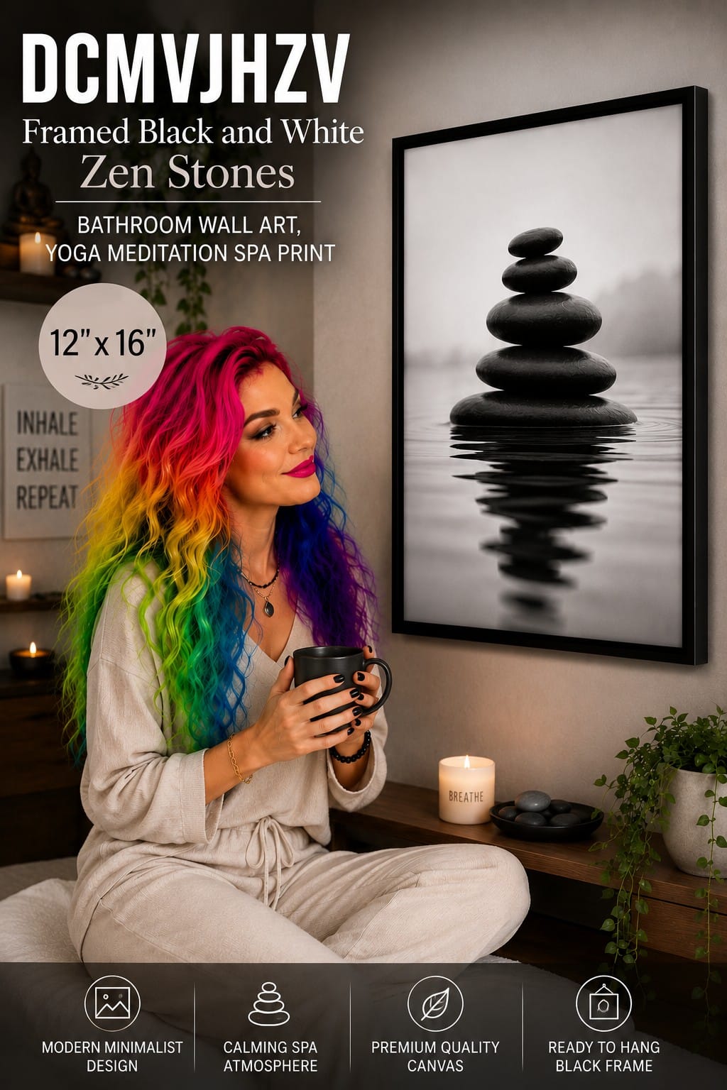 Framed Black and White Zen Stones Bathroom Wall Art DCMVJHZV framed black and white Zen stones bathroom wall art with stacked stones in still water for yoga and meditation spa decor, 12 by 16 inches