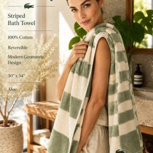Lacoste Guethary 100% cotton reversible striped bath towel in soft aloe green with modern geometric design, 30 by 54 inches