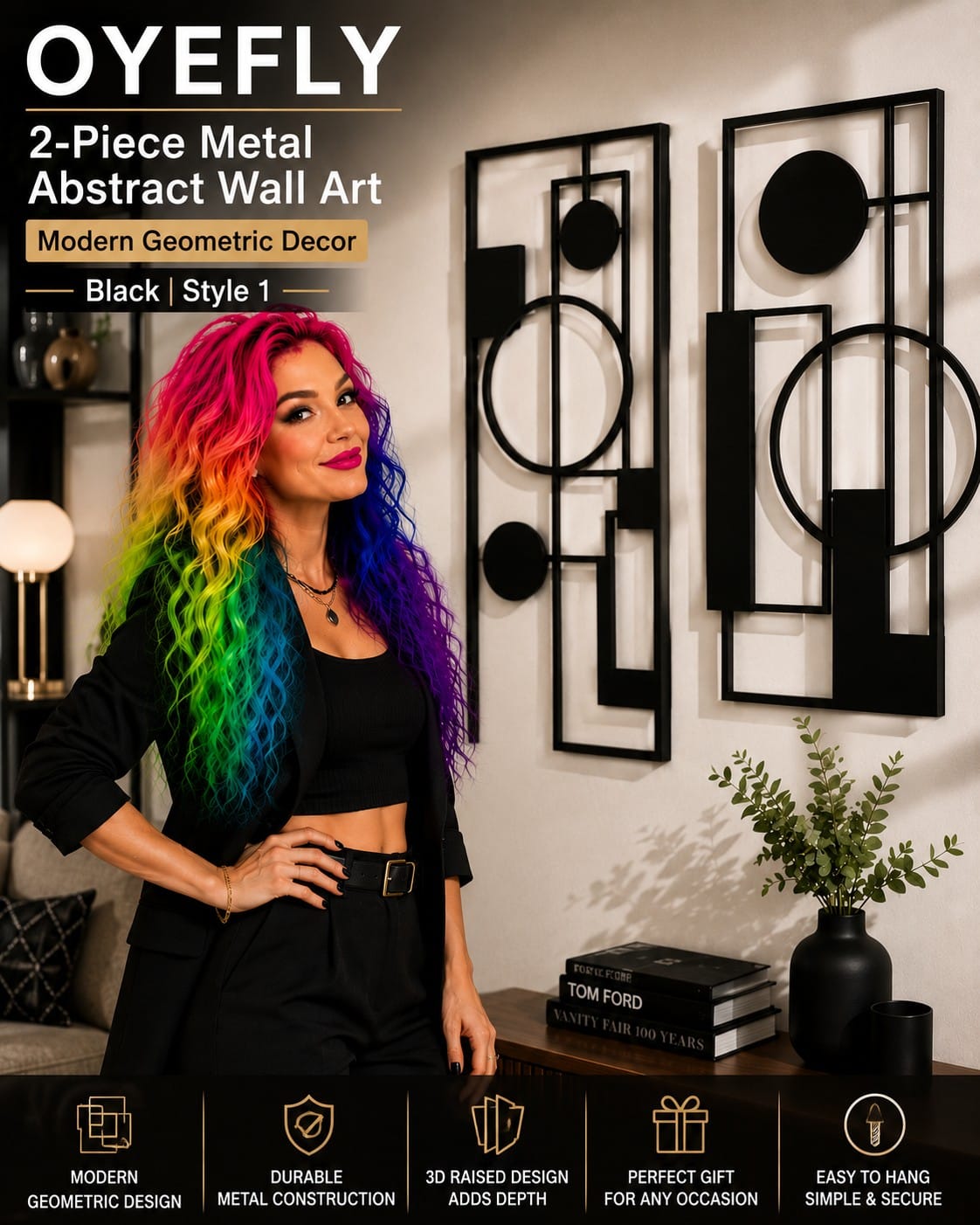 OYEFLY 2-Piece Metal Abstract Wall Art in Black OYEFLY 2-piece black metal abstract wall art with modern geometric design for contemporary living room and bedroom decor
