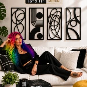 Glamativity 4-pack black abstract metal wall art with minimalist single-line 3D textured sculptures, 16 by 11 inches, for modern living room and bedroom