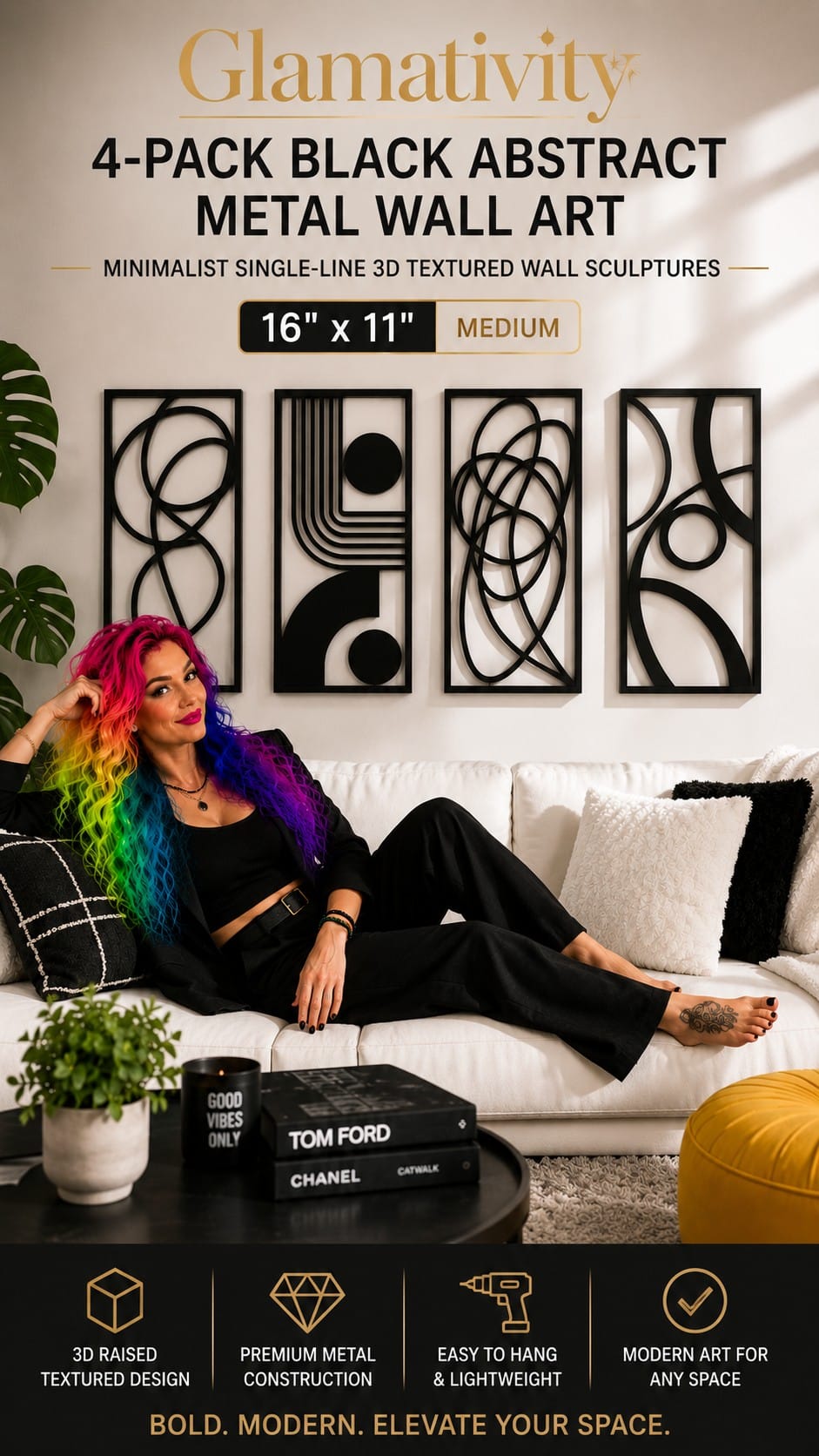 Glamativity 4-Pack Black Abstract Metal Wall Art Glamativity 4-pack black abstract metal wall art with minimalist single-line 3D textured sculptures, 16 by 11 inches, for modern living room and bedroom