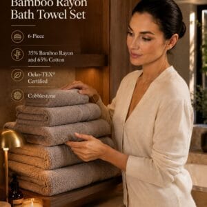 6-piece luxury bamboo rayon and cotton bath towel set in cobblestone grey with 2 bath towels, 2 hand towels, and 2 washcloths