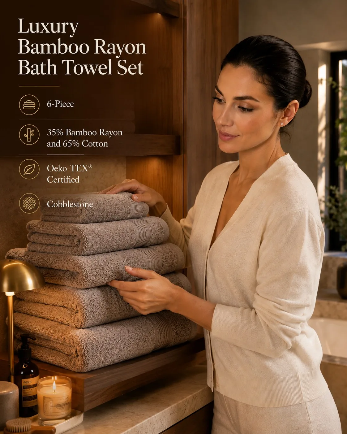 6-piece luxury bamboo rayon and cotton bath towel set in cobblestone grey with 2 bath towels, 2 hand towels, and 2 washcloths