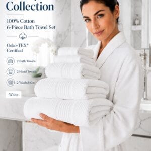 Trinity Collection 100% cotton 6-piece bath towel set in white with 2 bath towels, 2 hand towels, and 2 washcloths folded neatly