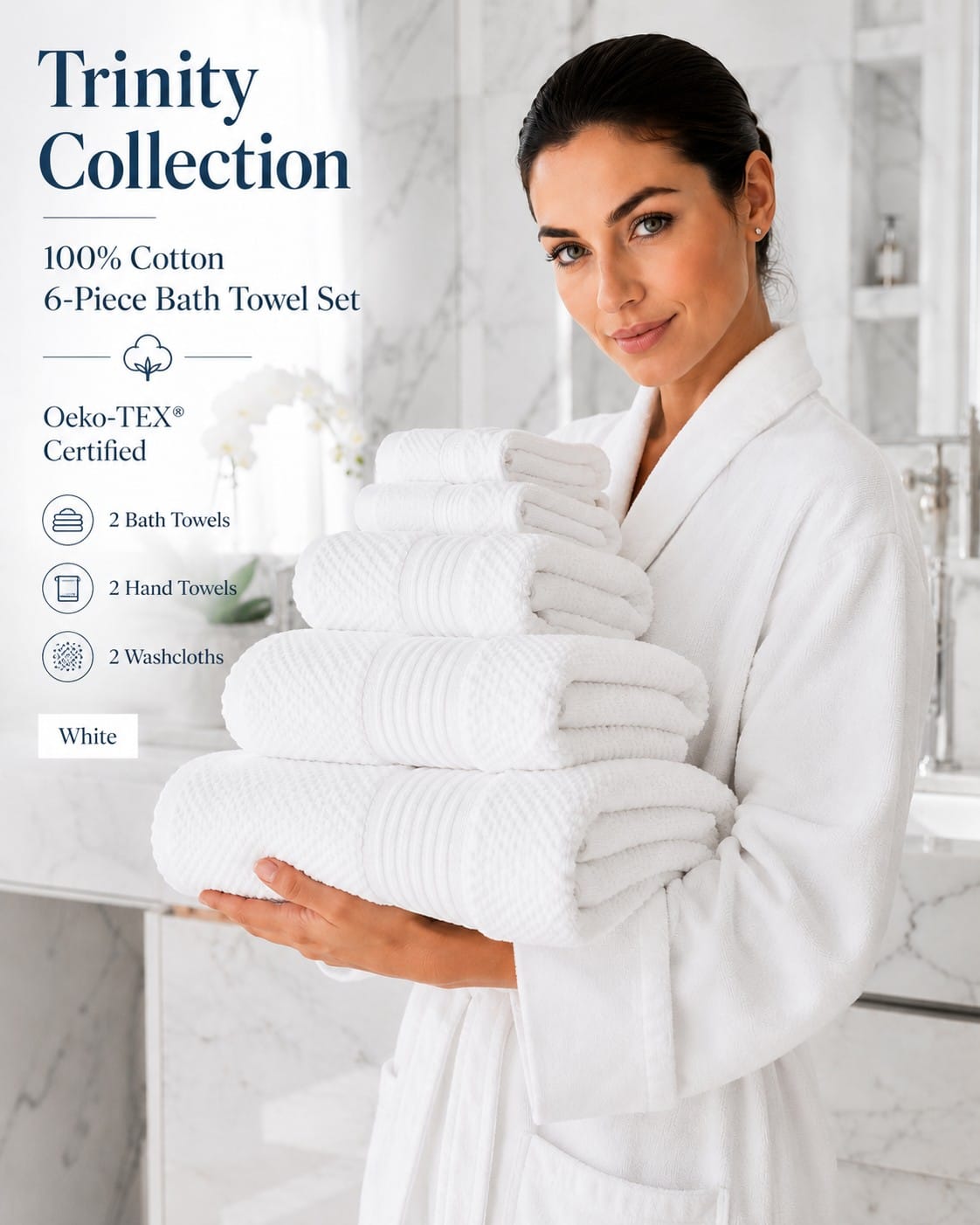 Trinity Collection 6-Piece White Cotton Bath Towel Set Trinity Collection 100% cotton 6-piece bath towel set in white with 2 bath towels, 2 hand towels, and 2 washcloths folded neatly