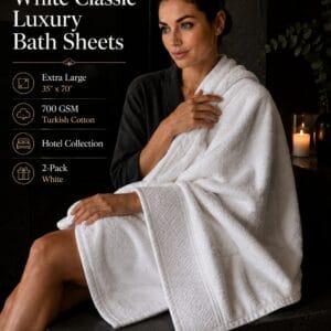 White Classic luxury extra-large 35 by 70 inch bath sheets in 700 GSM Turkish cotton, Hotel Collection 2-pack in crisp white