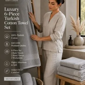 American Soft Linen luxury 6-piece 600 GSM Turkish cotton towel set in silver grey with 2 bath towels, 2 hand towels, and 2 washcloths