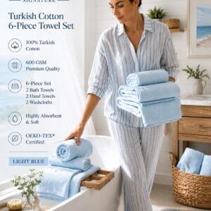 Madison Park Signature 6-piece 600 GSM Turkish cotton towel set in light blue with 2 bath towels, 2 hand towels, and 2 washcloths