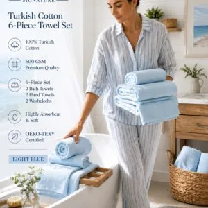 Madison Park Signature 6-piece 600 GSM Turkish cotton towel set in light blue with 2 bath towels, 2 hand towels, and 2 washcloths