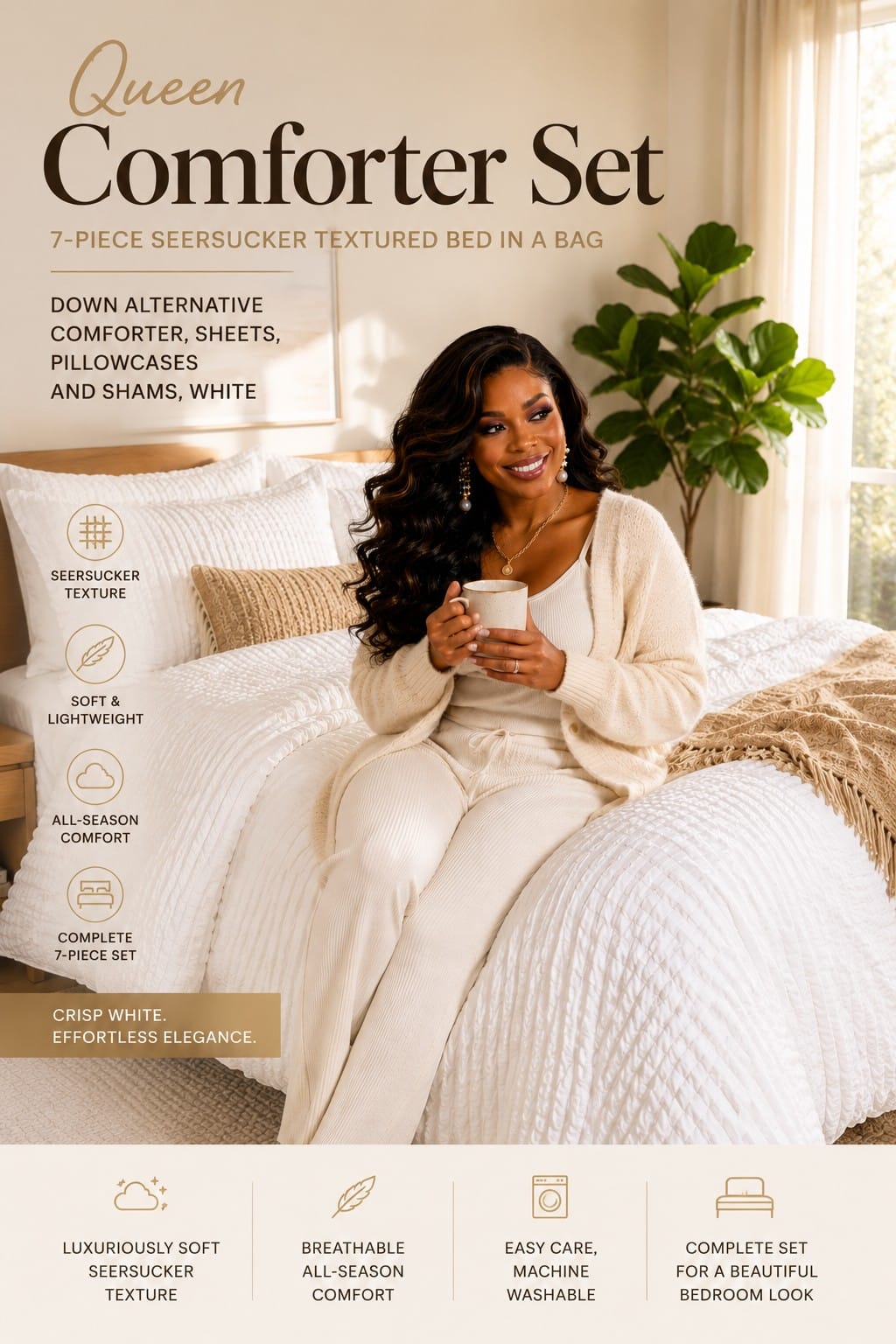 White Seersucker Queen Comforter Set, 7-Piece Bed in a Bag 7-piece white seersucker textured queen comforter set with down alternative comforter, sheets, pillowcases, and shams styled on a modern bed