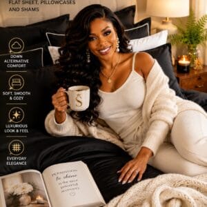 7-piece black queen comforter set with down alternative comforter, fitted sheet, flat sheet, pillowcases, and shams styled on a modern bed