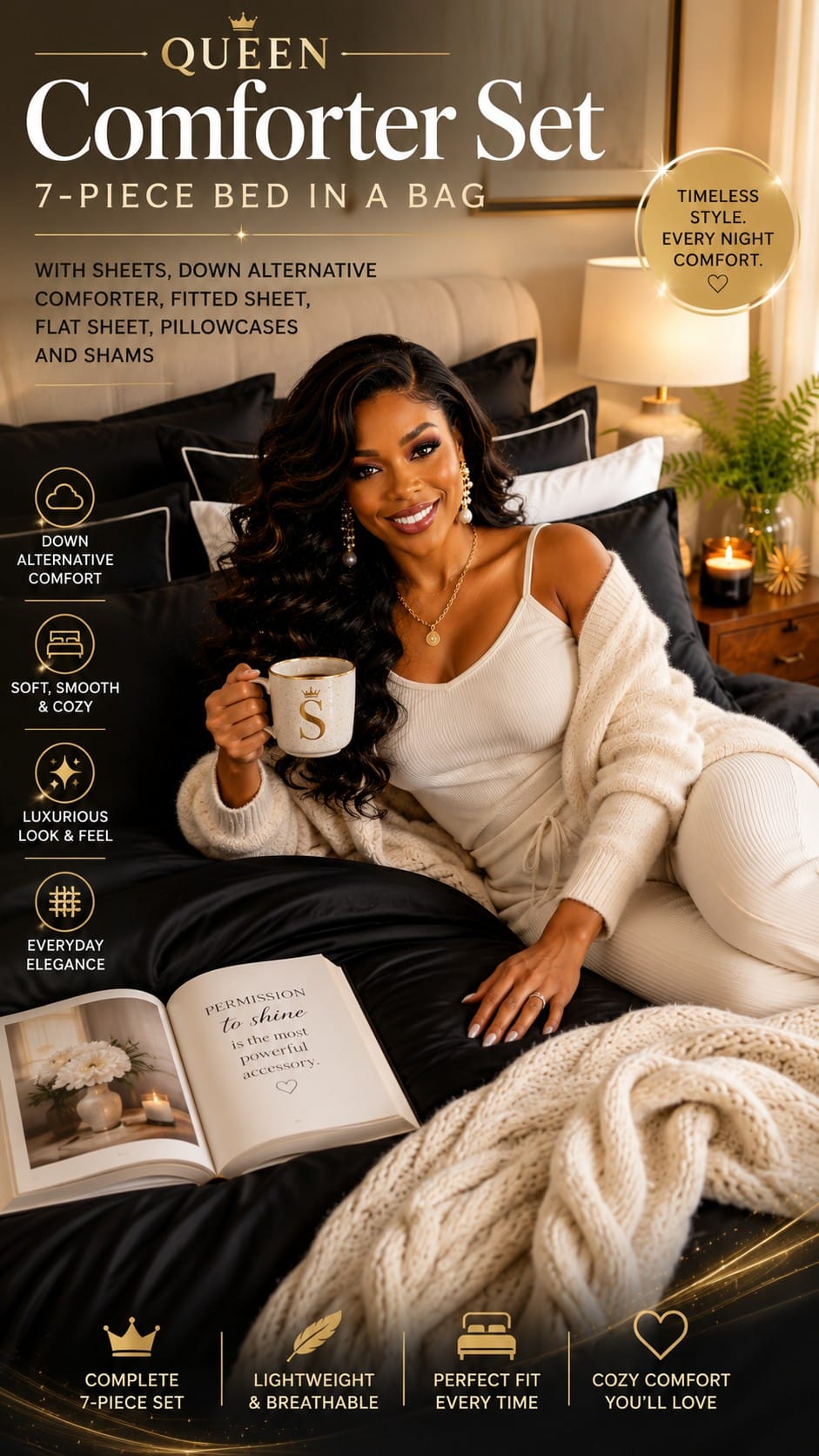 Queen Comforter Set in Black, 7-Piece Bed in a Bag 7-piece black queen comforter set with down alternative comforter, fitted sheet, flat sheet, pillowcases, and shams styled on a modern bed