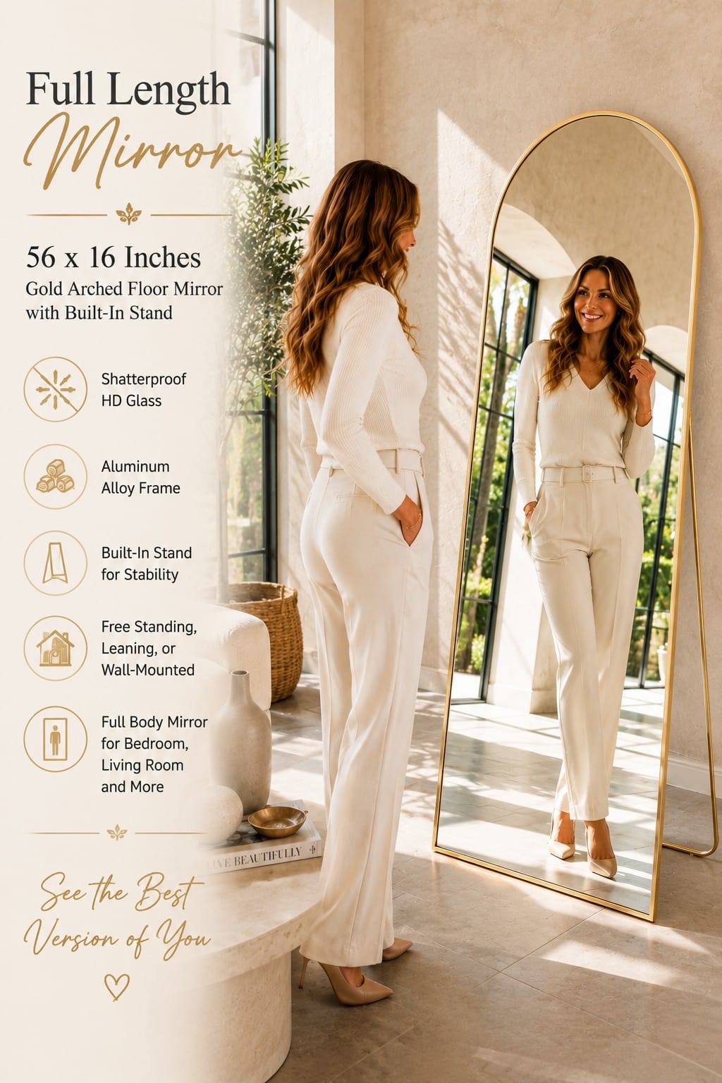 56 x 16 Inch Gold Arched Full Length Floor Mirror with Stand 56 x 16 inch gold arched full length floor mirror with aluminum frame leaning against a bedroom wall