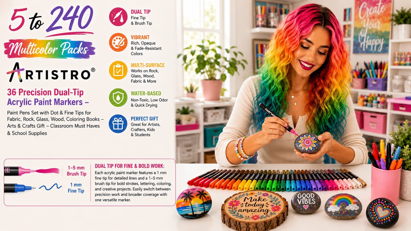 ARTISTRO 36 acrylic paint markers with colorful lettering on rocks and mugs — ARTISTRO paint markers