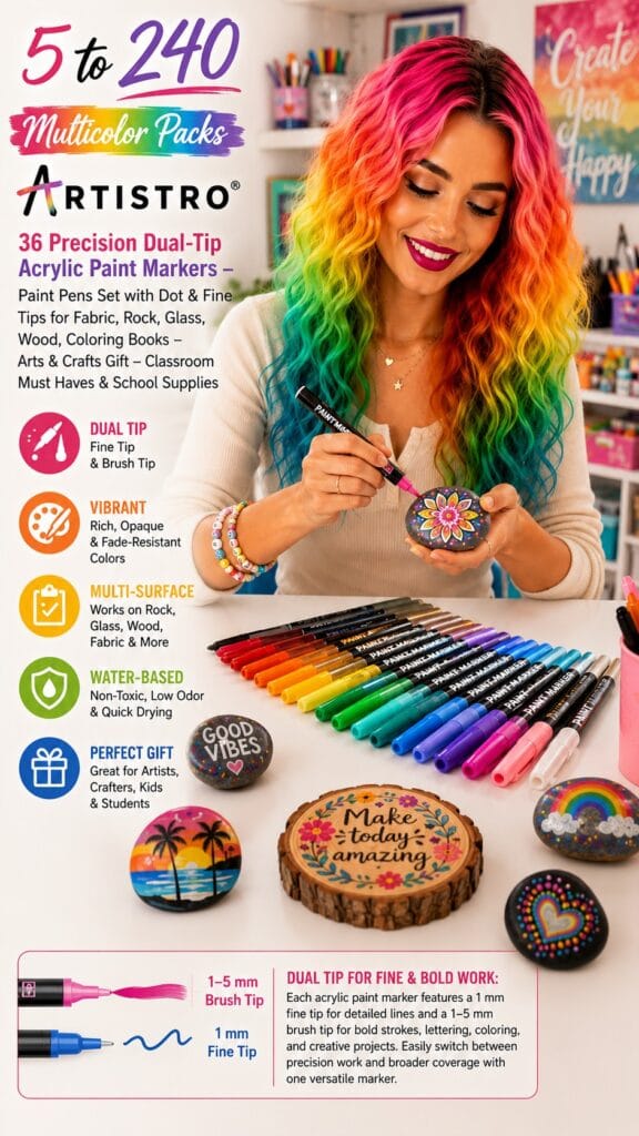 ARTISTRO 36 acrylic paint markers with colorful lettering on rocks and mugs — ARTISTRO paint markers