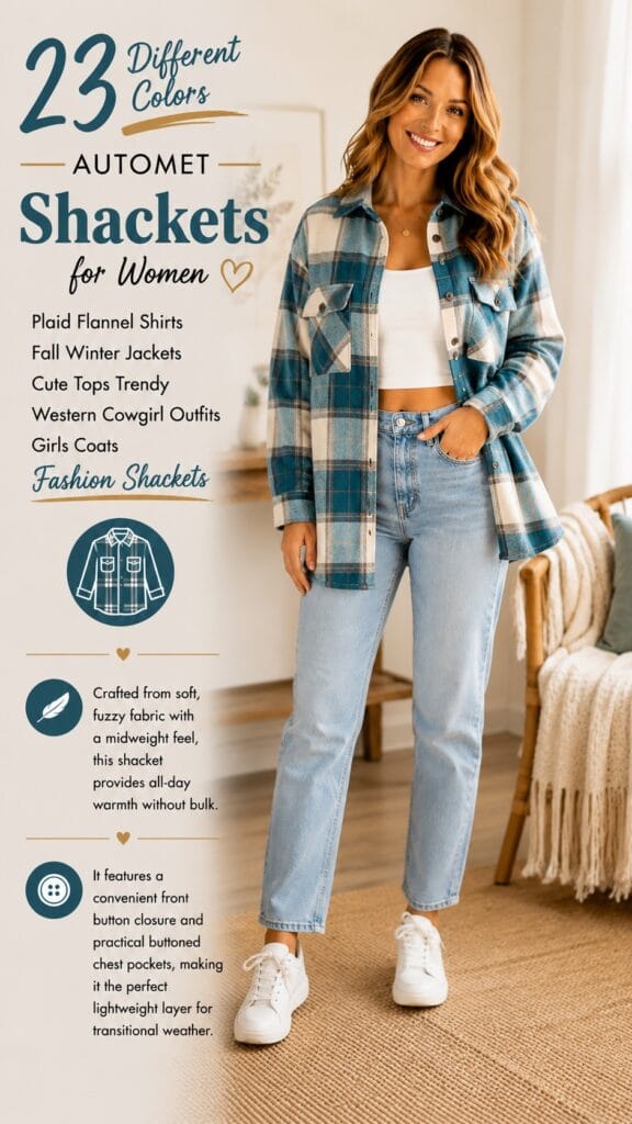 The AUTOMET Plaid Flannel Shacket: The Perfect Throw-On Fall Layer Trendy Wendy wearing the AUTOMET western plaid flannel shacket shirt-jacket in a cozy fall setting — plaid flannel shacket