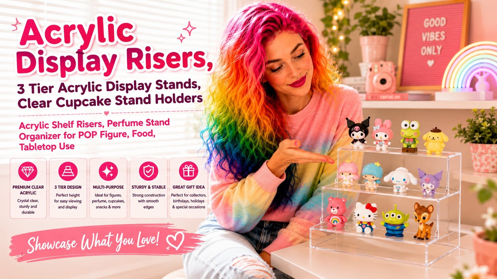 Vivid Vicky desk trinkets — quirky figurines, blind-box art toys, and acrylic display risers on a styled shelf — best desk trinkets