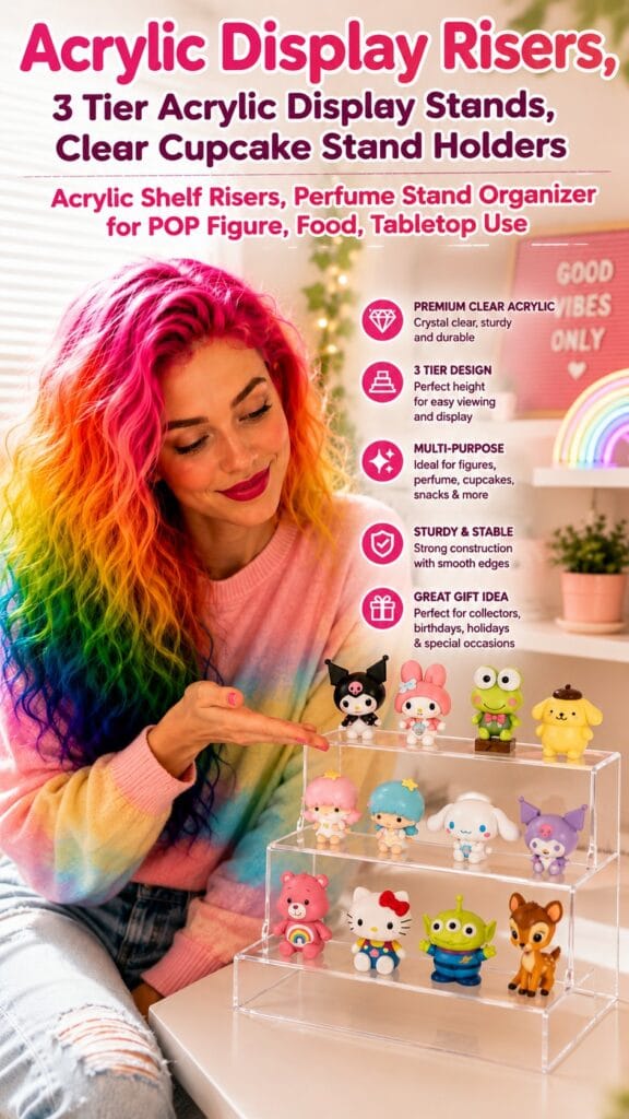 Aredpoook clear 3-tier acrylic display risers holding figurines and collectibles on a styled shelf — acrylic display risers