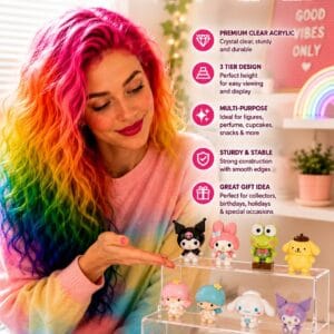 3-tier clear acrylic display riser holding perfume bottles, POP figures, and collectibles on a tabletop