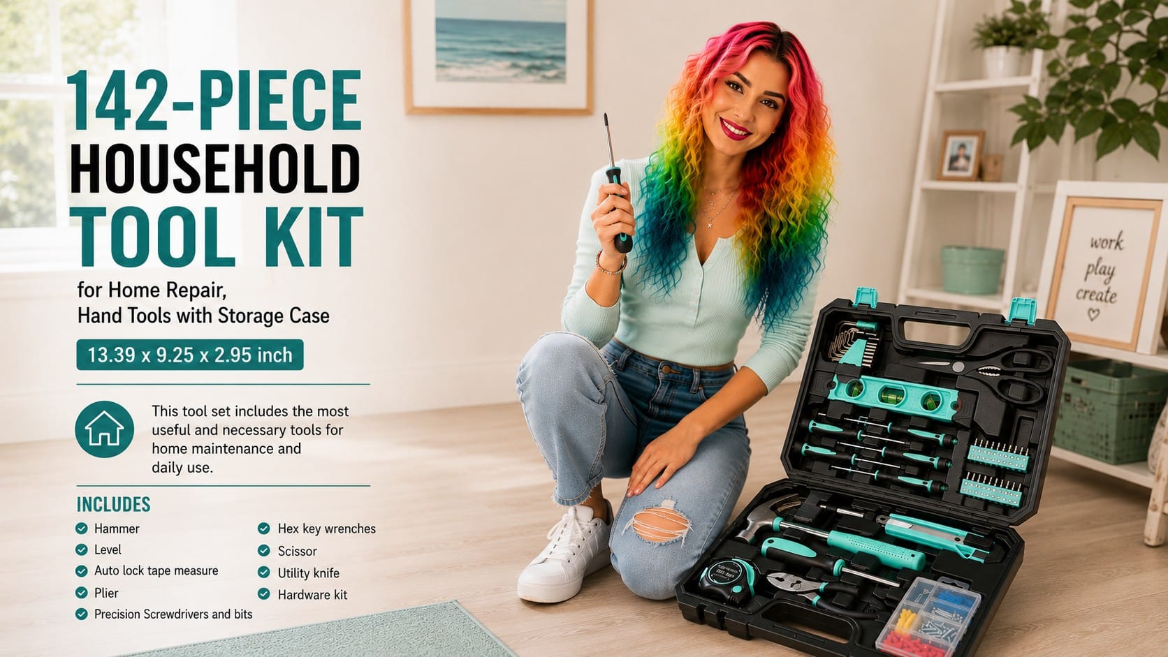 The Amazon Basics Turquoise Tool Kit: The Adulting Starter Every Apartment Needs Amazon Basics 142-piece turquoise household tool kit arranged in its case — Amazon Basics tool kit