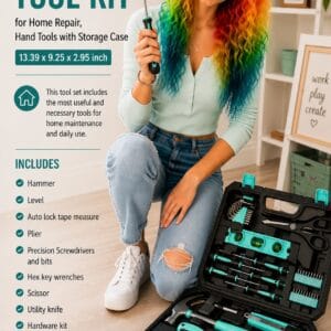 Amazon Basics 142-piece turquoise household tool kit with hammer, screwdrivers, and tools in a storage case