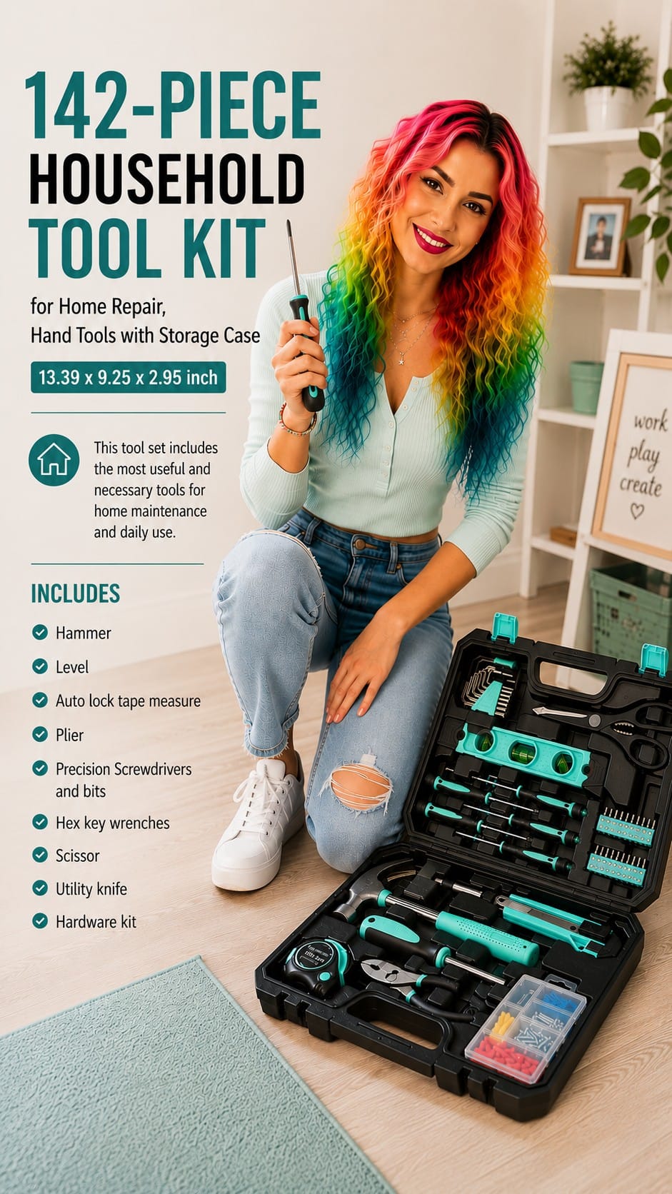 Amazon Basics 142-Piece Household Tool Kit, Turquoise Amazon Basics 142-piece turquoise household tool kit with hammer, screwdrivers, and tools in a storage case