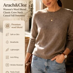 Arach & Cloz women's wool blend classic crew neck sweater in a solid color, styled with trousers