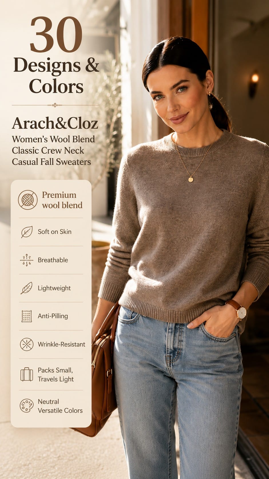 Arach & Cloz Women's Wool Blend Classic Crew Neck Sweater Arach & Cloz women's wool blend classic crew neck sweater in a solid color, styled with trousers