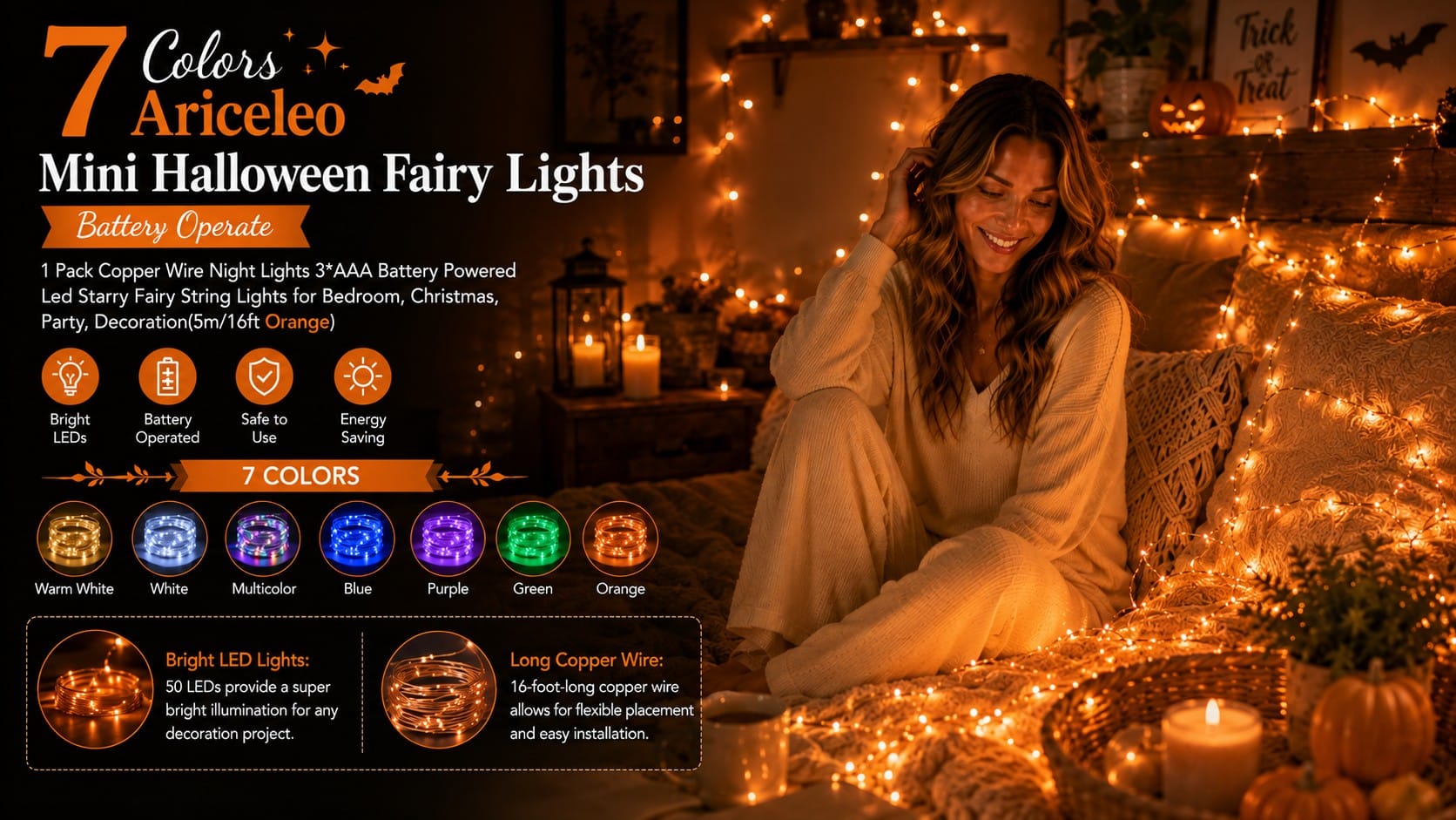 Ariceleo warm orange copper-wire fairy lights glowing across a cozy fall bedroom with pumpkins and candles