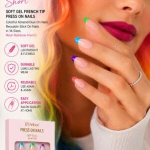BTArtbox Neon Rainbow French press-on nails: short almond soft gel with colorful French tips. Reusable, 32 nails in 16 sizes with glue and tabs.