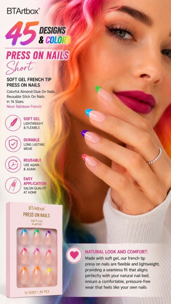 The BTArtbox Neon Rainbow French Press-Ons: Main-Character Nails at Home BTArtbox neon rainbow French tip press-on nails in short almond shape on bright nails — BTArtbox neon rainbow press-ons