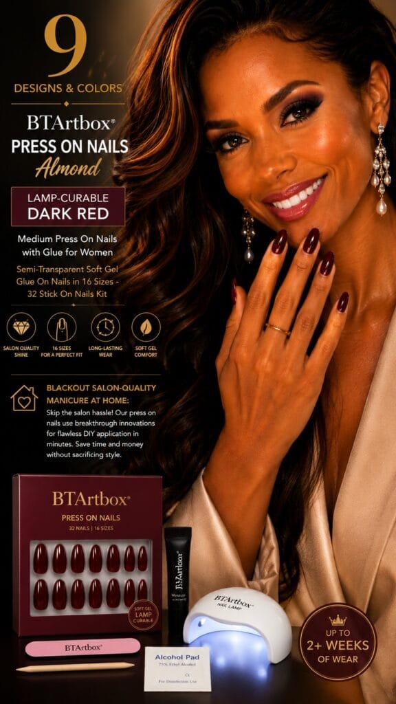 BTArtbox Blackout deep dark red almond press-on nails in a glam vamp look — BTArtbox dark red press-ons