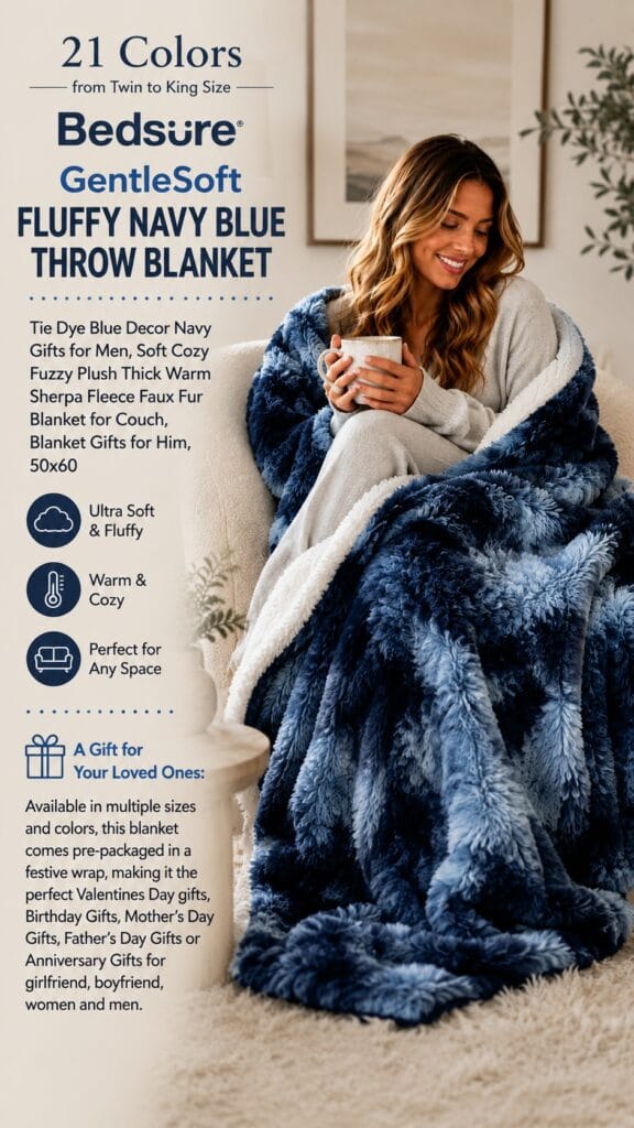 Bedsure faux fur reversible throw blanket in warm navy draped on a cozy fall couch — faux fur throw blanket