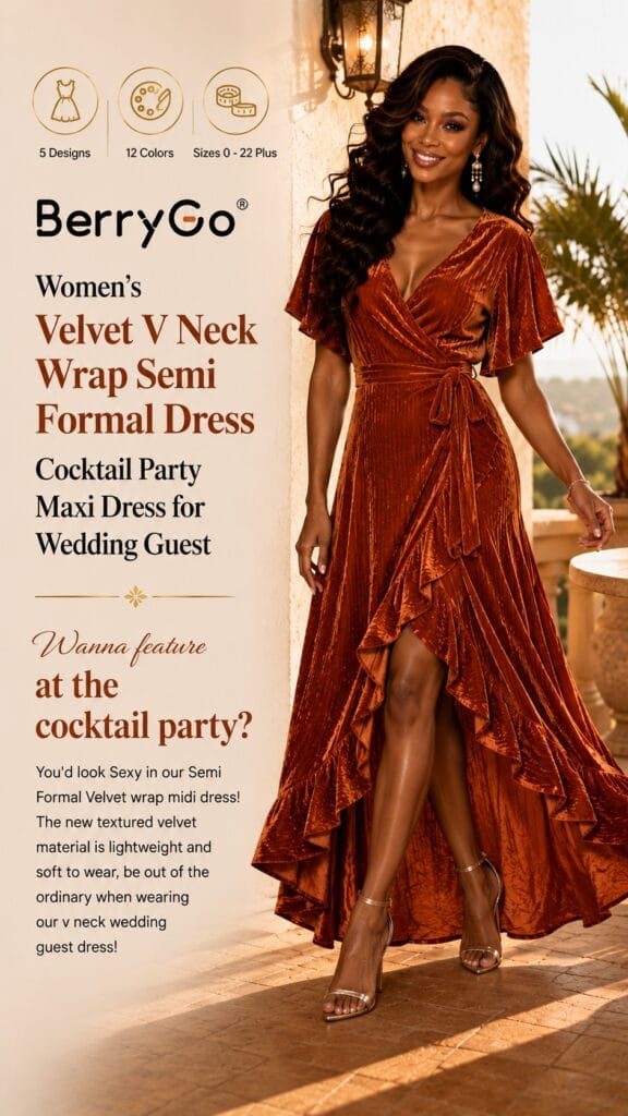 BerryGo women's velvet V-neck wrap maxi dress with empire waist and high slit for a wedding guest