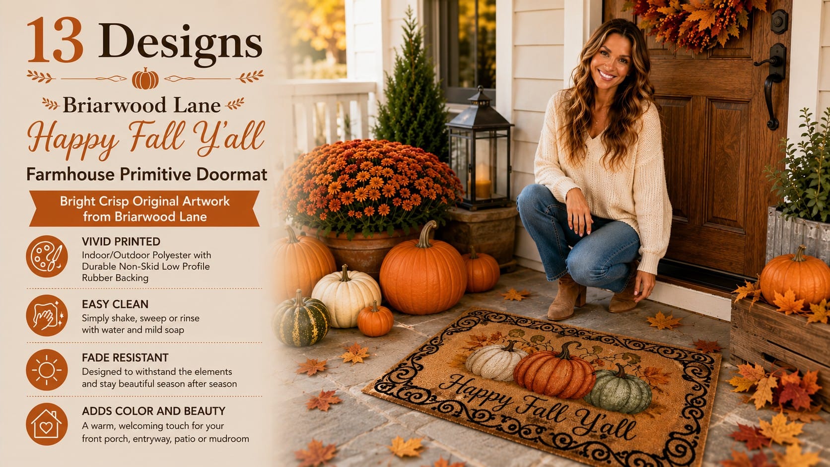 The Briarwood Lane Fall Doormat: The $25 Upgrade Everyone Sees First Briarwood Lane Happy Fall Y'all doormat with three farmhouse pumpkins on a cozy autumn front porch
