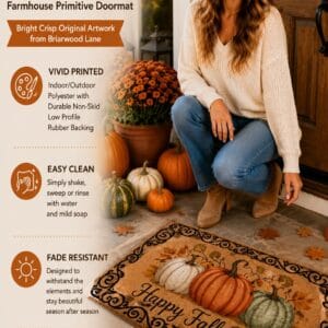 Briarwood Lane Happy Fall Y'all farmhouse primitive doormat with pumpkin artwork on a front porch