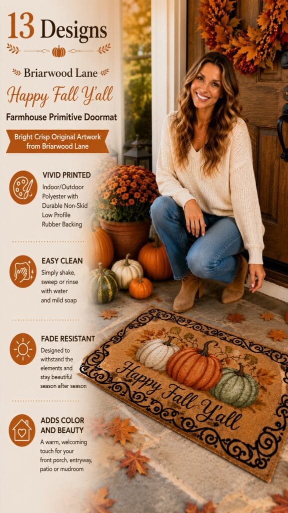 The Briarwood Lane Fall Doormat: The $25 Upgrade Everyone Sees First Briarwood Lane Happy Fall Y'all farmhouse primitive doormat with pumpkin artwork on a front porch