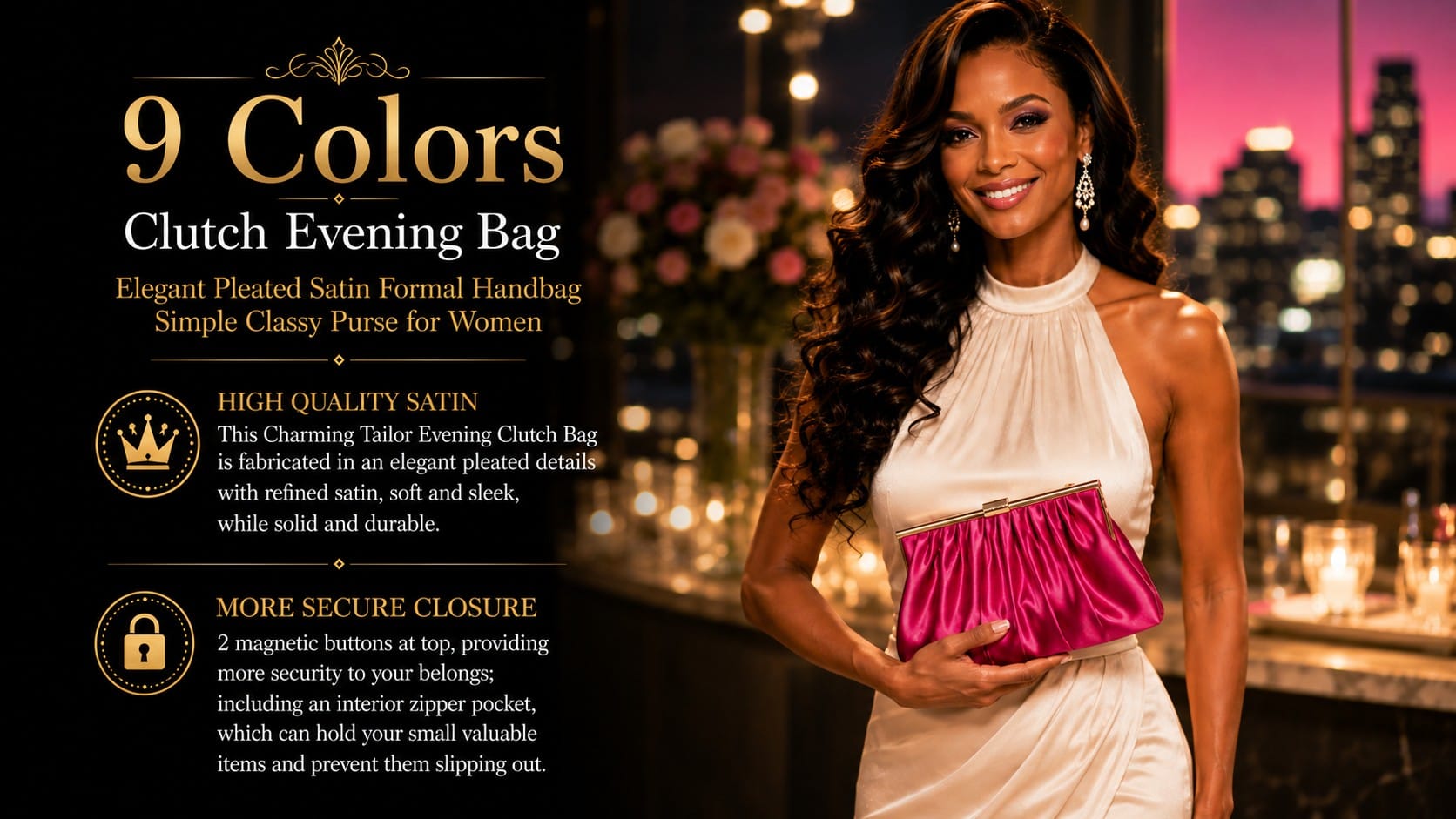 A collection of evening clutch bags in velvet, rhinestone crystal and pleated satin finishes for formal occasions