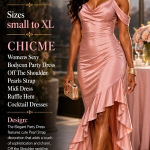 CHICME women's off-shoulder pearl strap ruched bodycon midi dress with a ruffle split hem