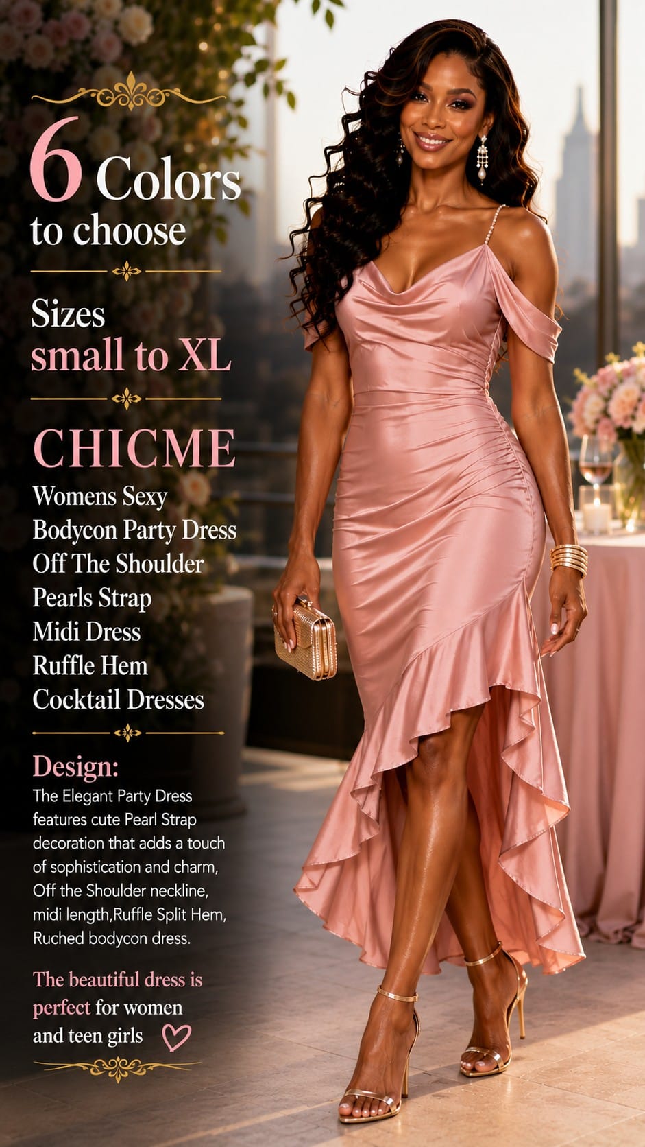 CHICME Off-Shoulder Pearl Strap Bodycon Midi Dress CHICME women's off-shoulder pearl strap ruched bodycon midi dress with a ruffle split hem